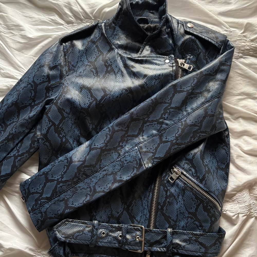 Calvin Klein Jeans Blue Leather Jacket with Snakeskin Texture Mint condition